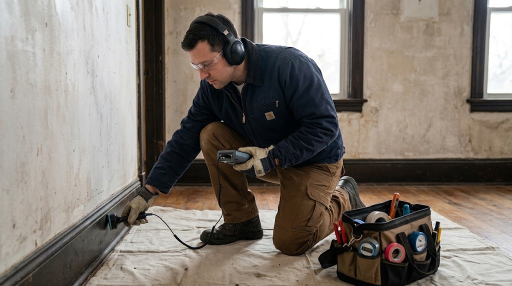 Plumbing technician conducting electronic pipe leak detection in Queens NY