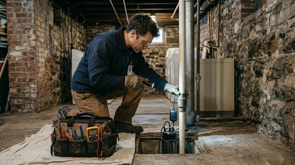 Submersible cast-iron sump pump installed in residential basement pit in Queens